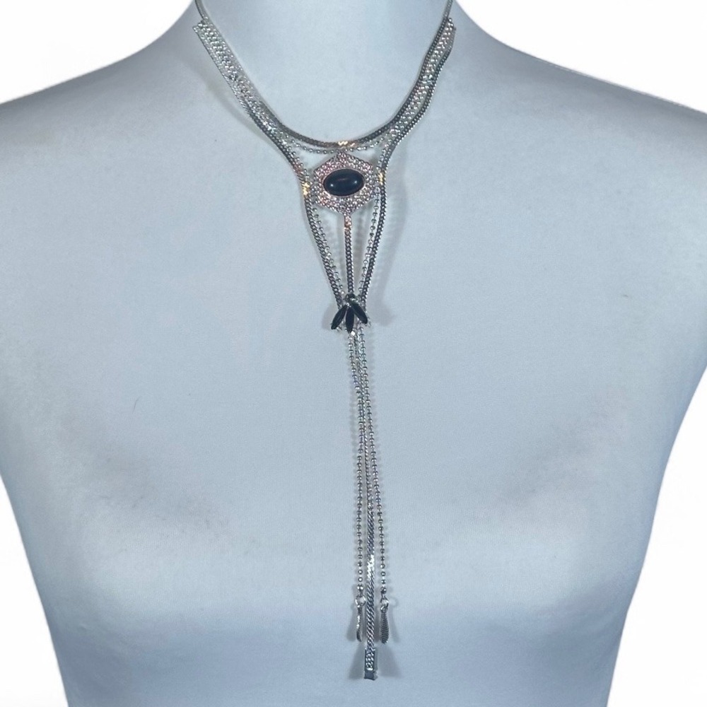 Free People Syrus Necklace‎ NWT OS Silver Black Cabochon Multi-Strand Drop - Picture 2 of 8